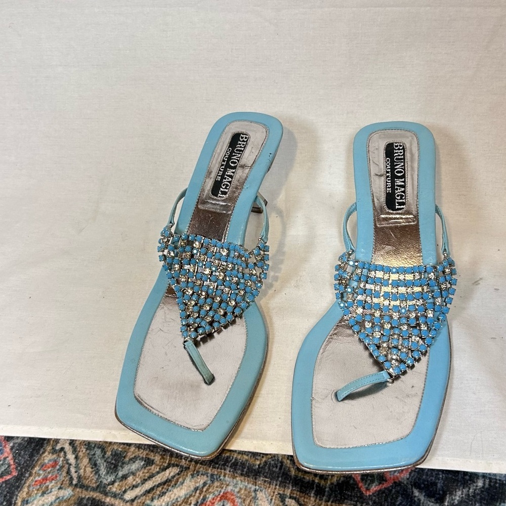 Vintage Y2K Bruno Magli Couture Aqua Rhinestone Kitten Heel Sandals Women's 7.5